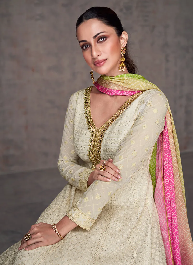 Off White Lucknowi Mirror Work Embroidery Anarkali Gown