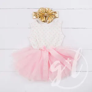 Party Outfit Pink Polka Dot Sleeveless Tutu Dress & Gold Lame Bow Headband