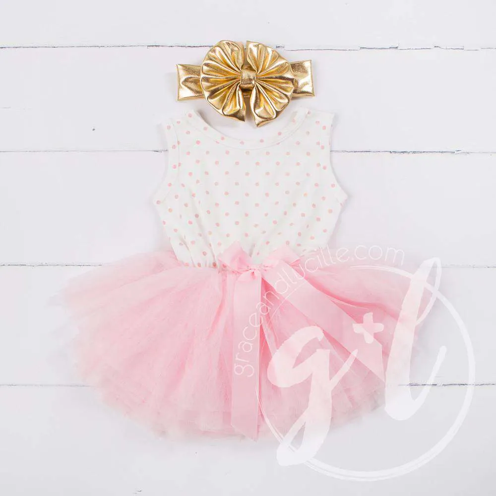 Party Outfit Pink Polka Dot Sleeveless Tutu Dress & Gold Lame Bow Headband