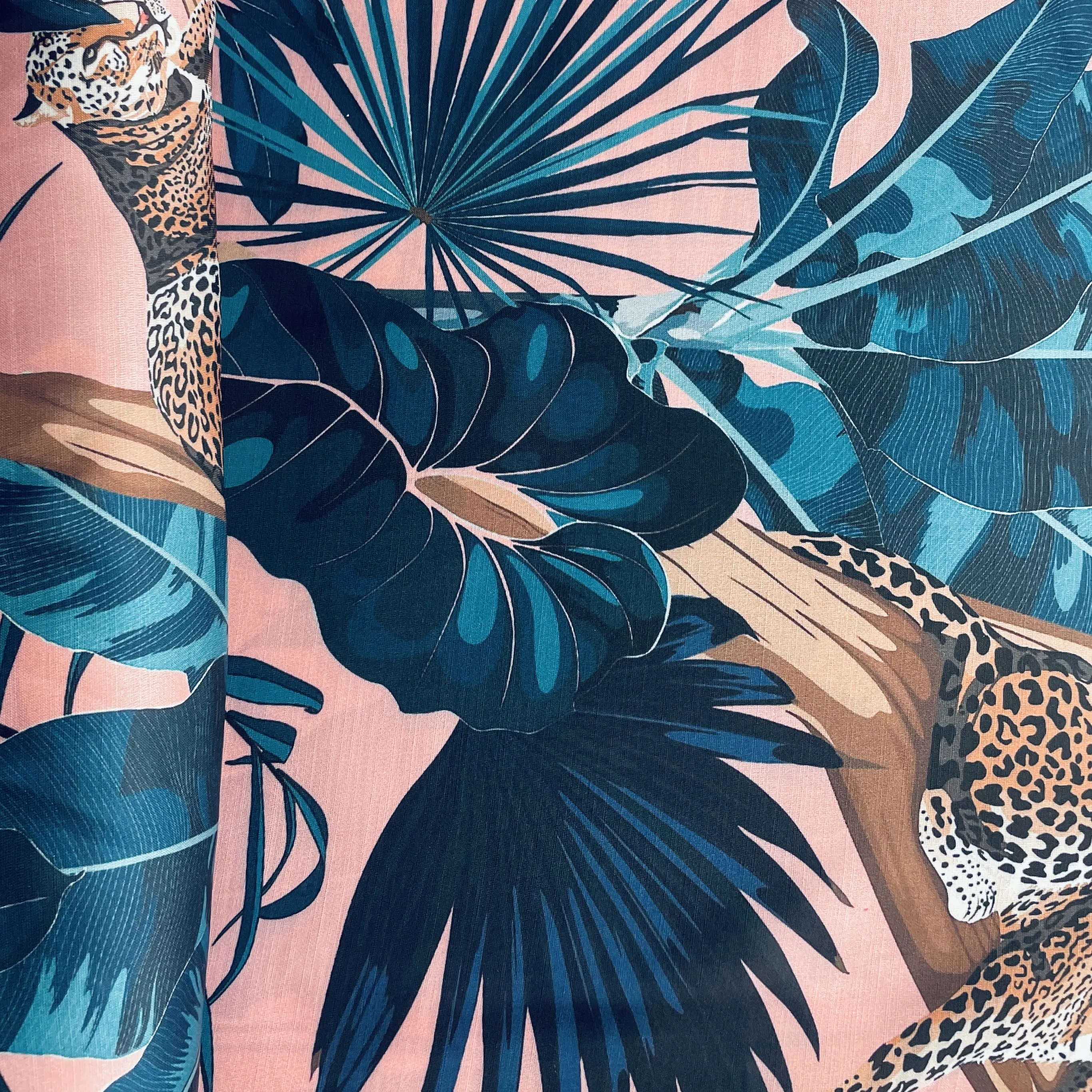 Pink Tropical Print Satin Linen Fabric 19572
