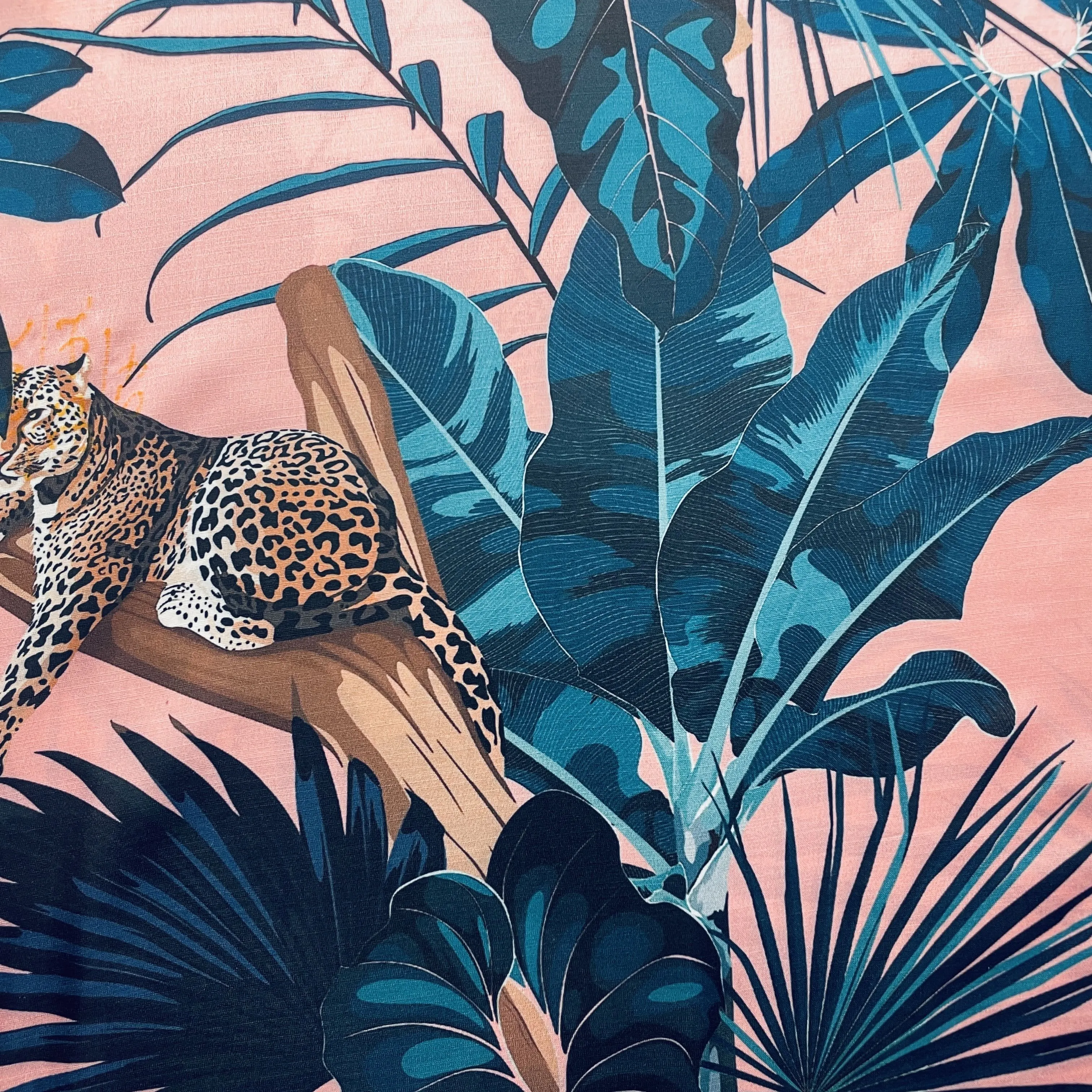 Pink Tropical Print Satin Linen Fabric 19572