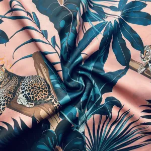 Pink Tropical Print Satin Linen Fabric 19572
