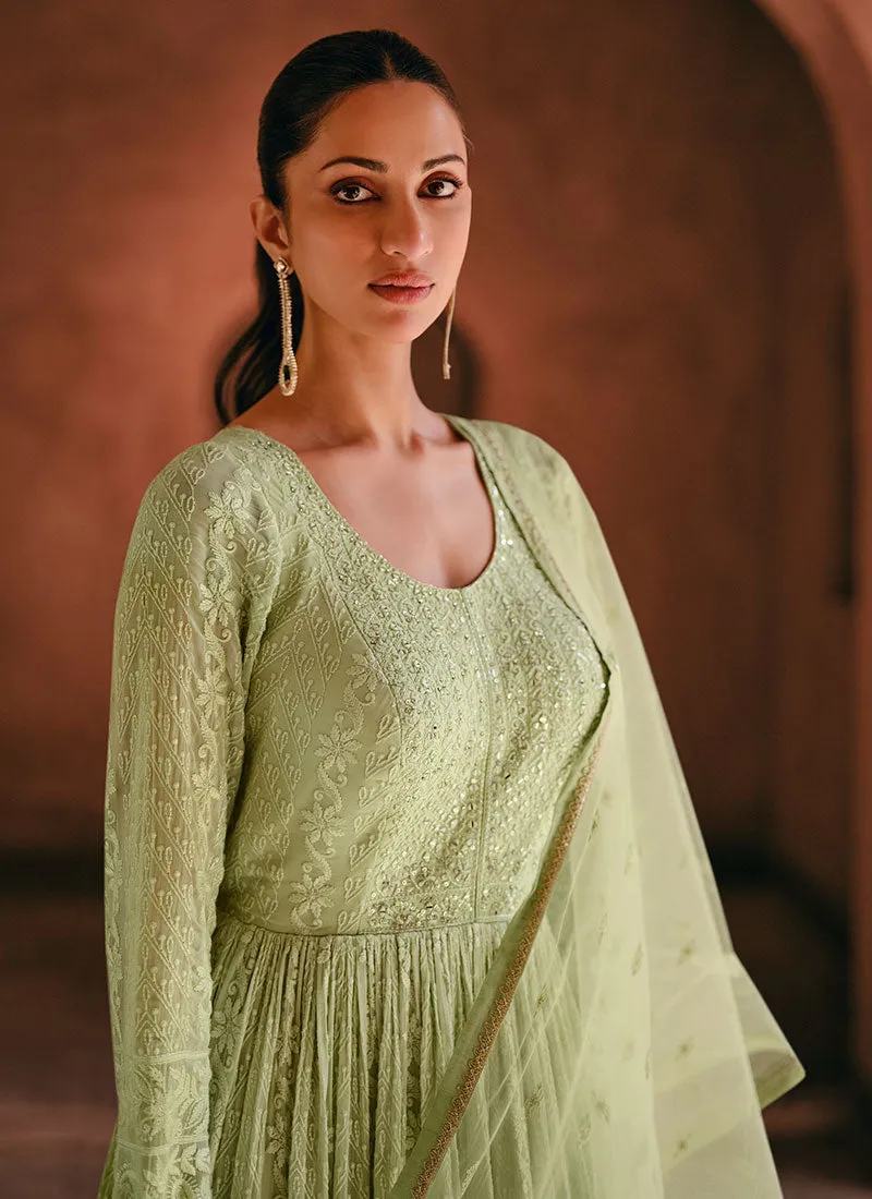 Pista Green Lucknowi Embroidery Anarkali Gown
