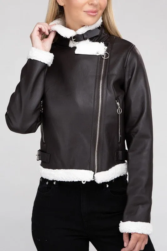 PLUSH TEDDY PU LEATHER JACKET