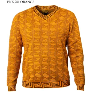 PRESTIGE GREEK KEY ORANGE CARDIGAN SWEATER