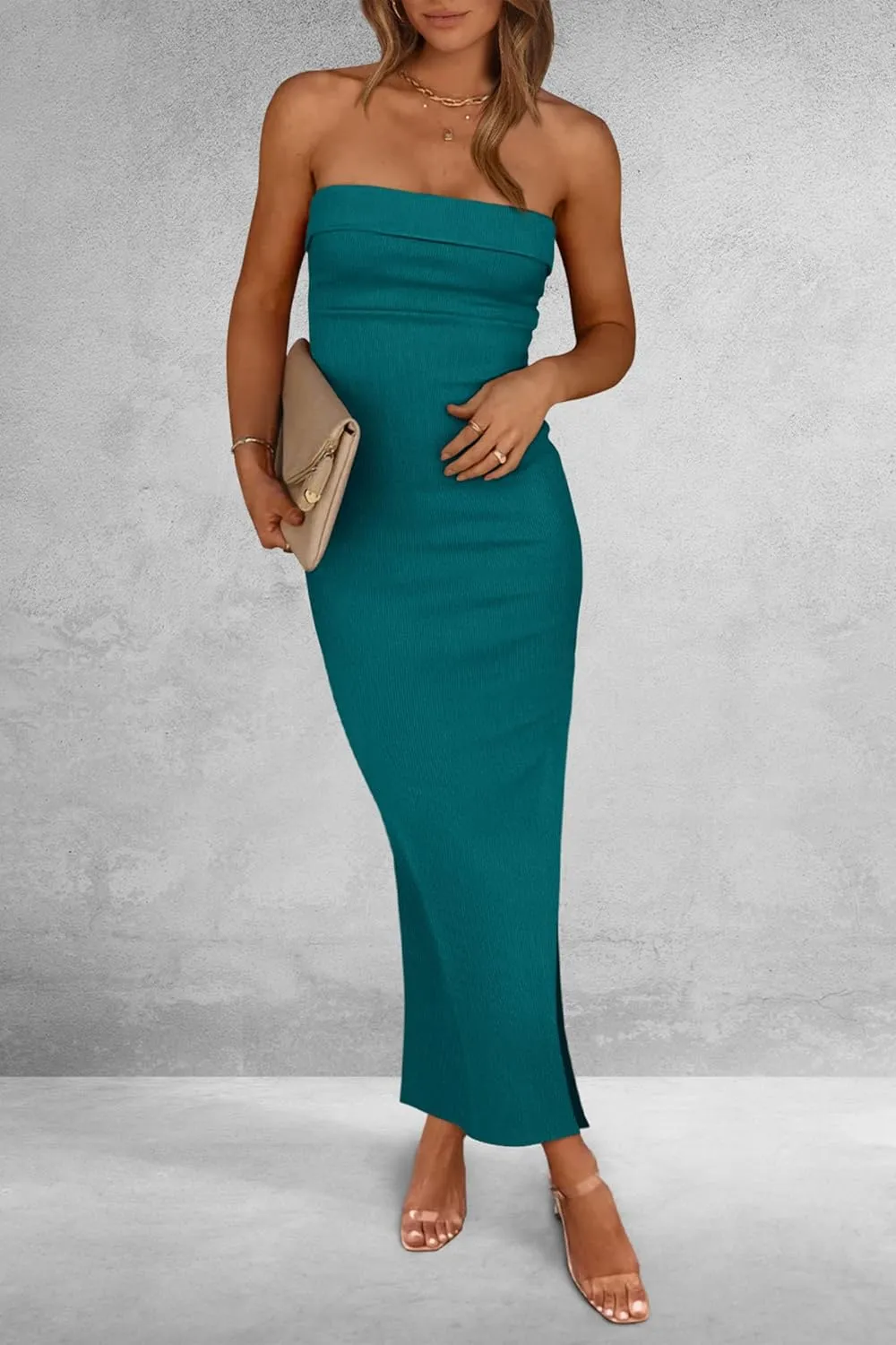 PRETTYGARDEN Women's Summer Bodycon Maxi Tube Dress Ribbed Strapless Side Slit Long Going Out Casual Elegant Party Dresses