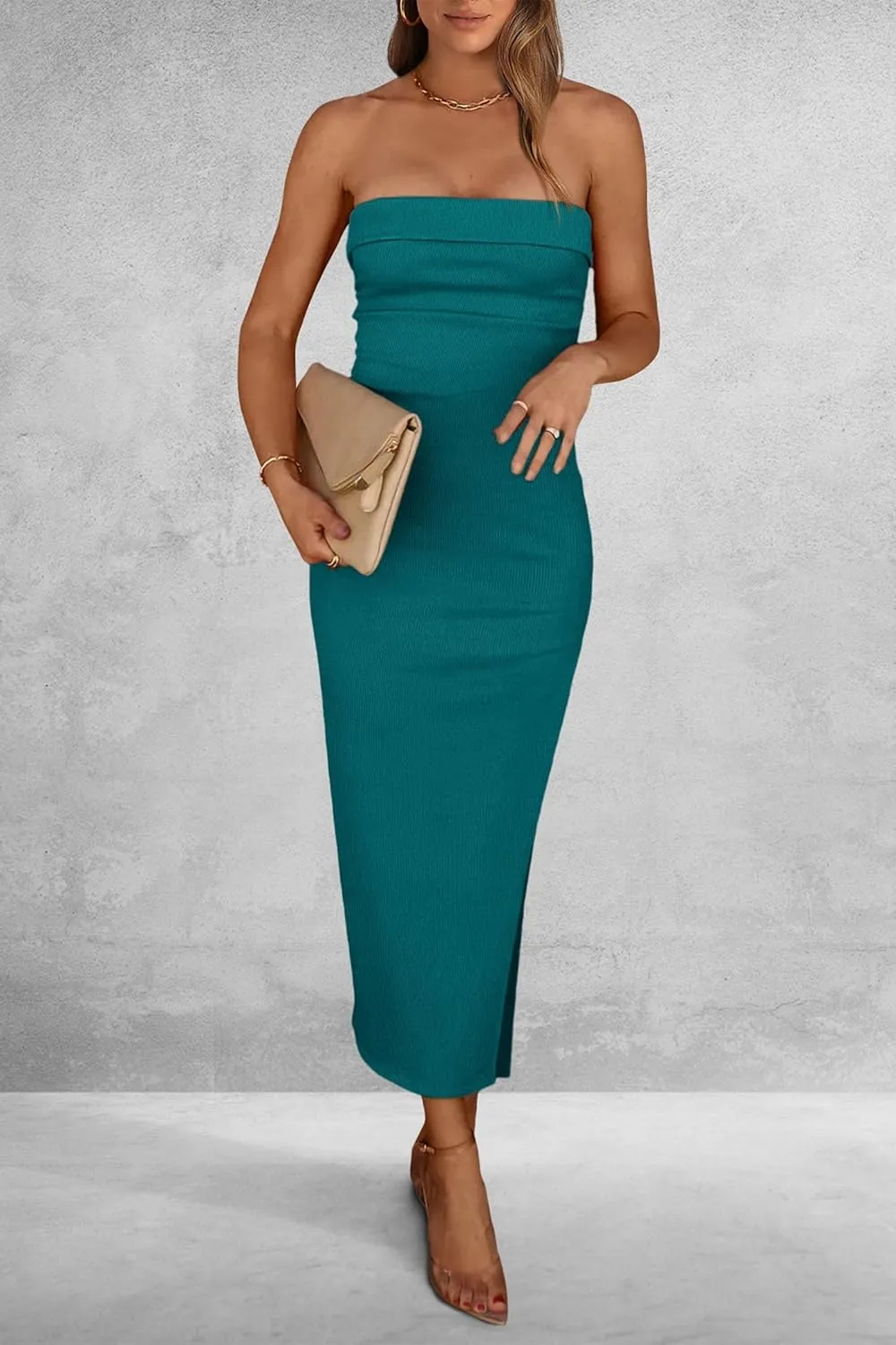 PRETTYGARDEN Women's Summer Bodycon Maxi Tube Dress Ribbed Strapless Side Slit Long Going Out Casual Elegant Party Dresses