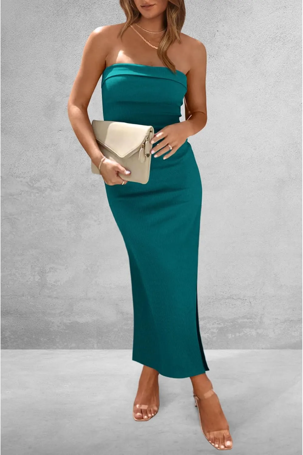 PRETTYGARDEN Women's Summer Bodycon Maxi Tube Dress Ribbed Strapless Side Slit Long Going Out Casual Elegant Party Dresses