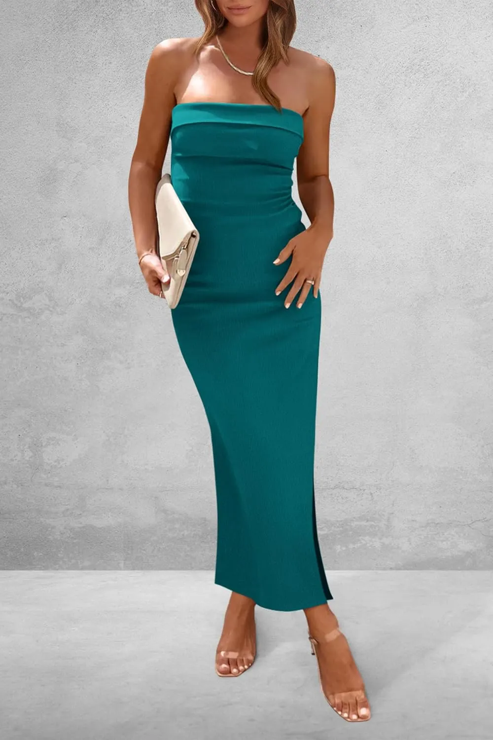 PRETTYGARDEN Women's Summer Bodycon Maxi Tube Dress Ribbed Strapless Side Slit Long Going Out Casual Elegant Party Dresses