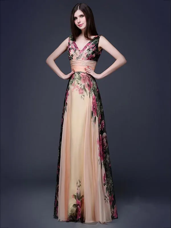Printed Sleeveless Floor Evening Dress