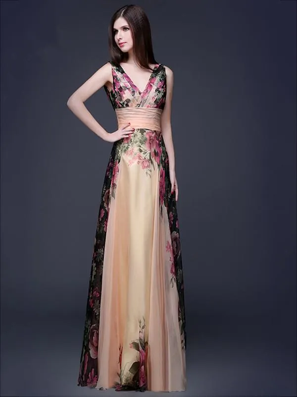 Printed Sleeveless Floor Evening Dress