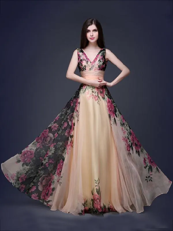 Printed Sleeveless Floor Evening Dress