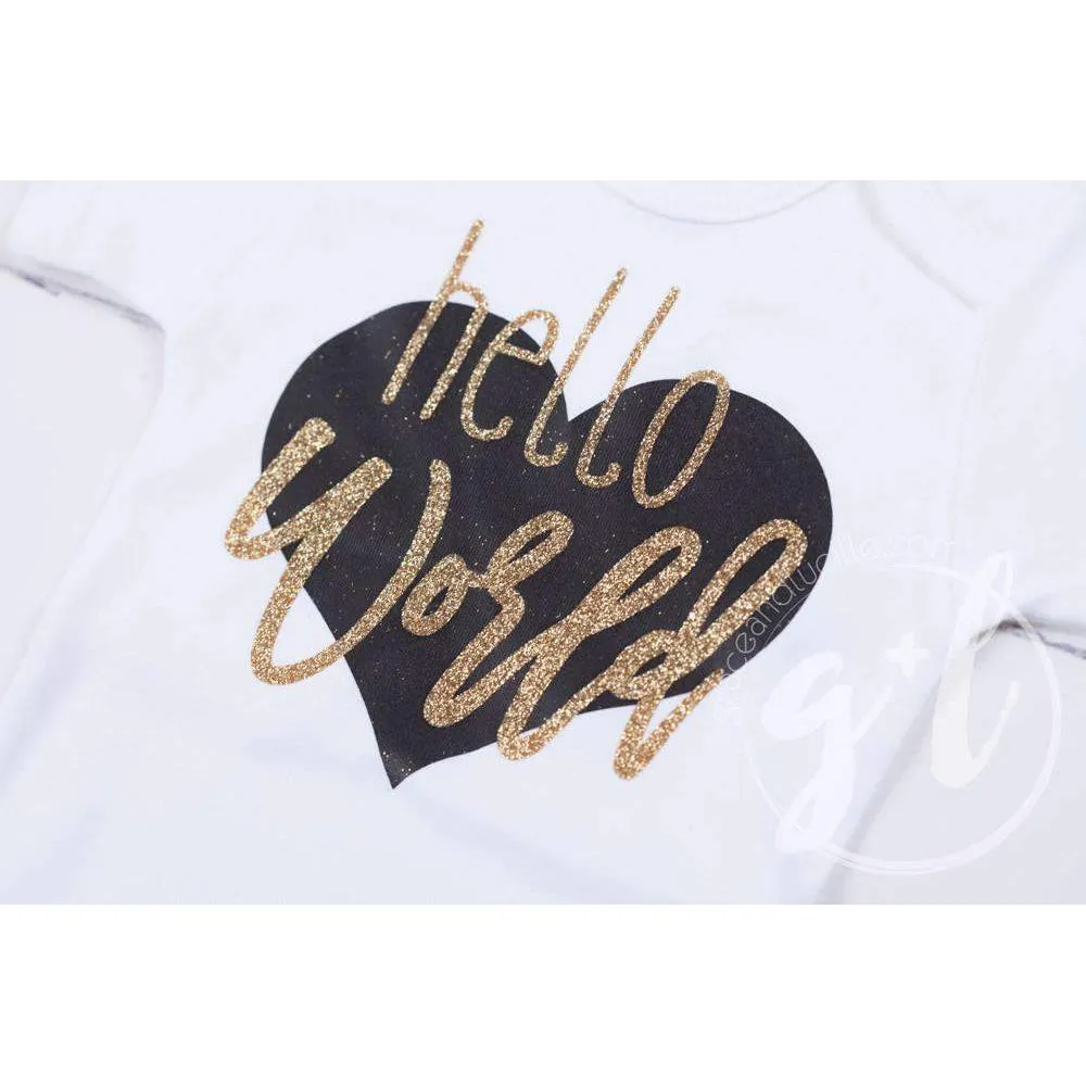 "Hello World" Black & Gold Heart Onesie & Gold Sequin Two-in-One Bow/Belt, Welcome Home Outfit