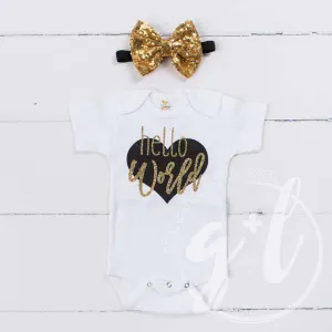 "Hello World" Black & Gold Heart Onesie & Gold Sequin Two-in-One Bow/Belt, Welcome Home Outfit