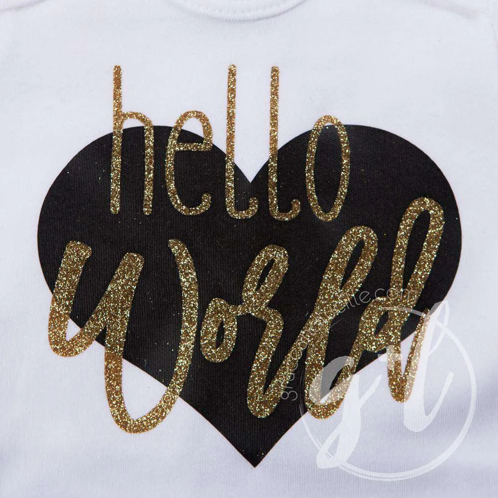 "Hello World" Black & Gold Heart Onesie & Gold Sequin Two-in-One Bow/Belt, Welcome Home Outfit