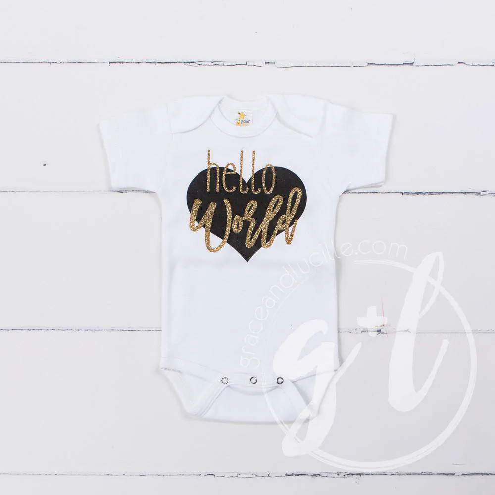 "Hello World" Black & Gold Heart Onesie & Gold Sequin Two-in-One Bow/Belt, Welcome Home Outfit