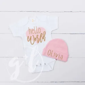 "Hello World" Pink Heart Onesie & Pink Beanie with "Her Name", Welcome Home Outfit