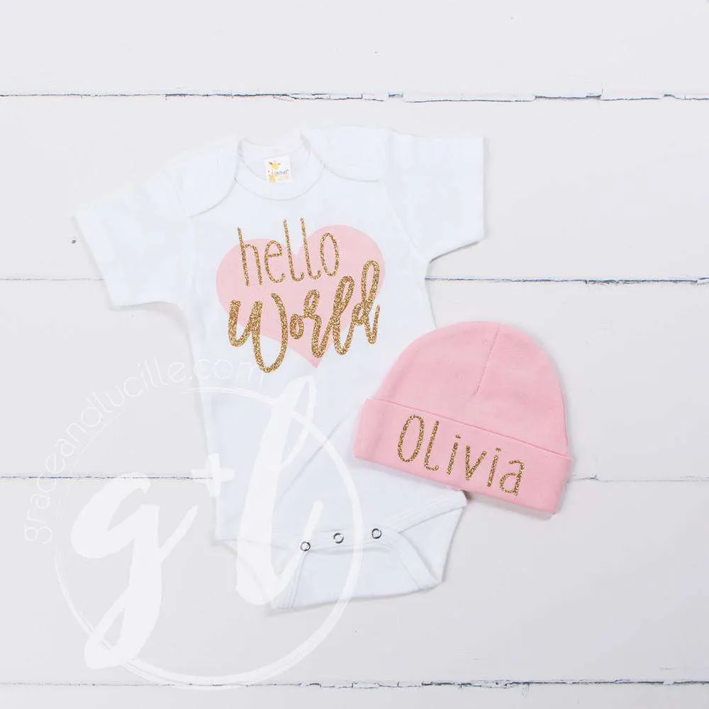 "Hello World" Pink Heart Onesie & Pink Beanie with "Her Name", Welcome Home Outfit