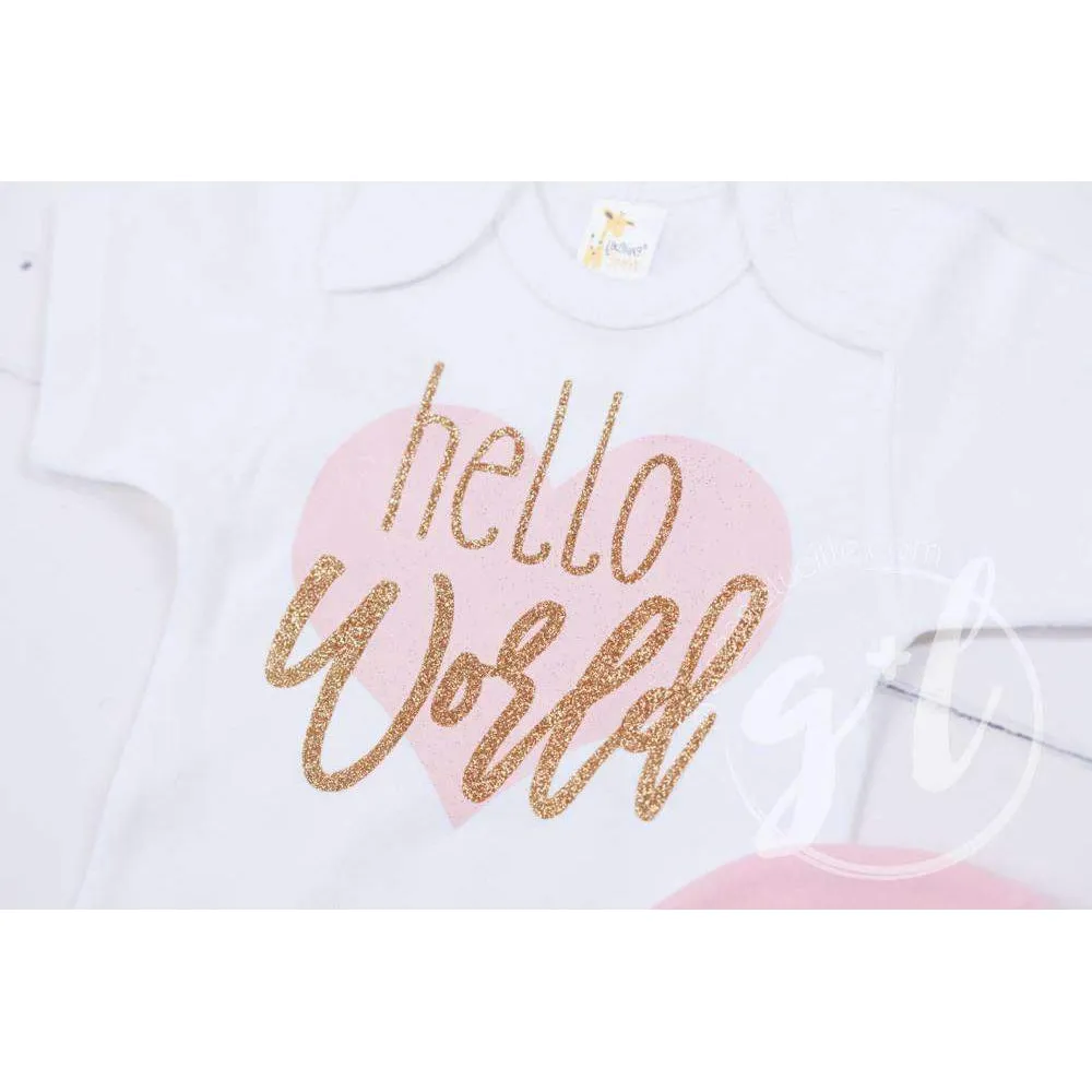 "Hello World" Pink Heart Onesie & Pink Beanie with "Her Name", Welcome Home Outfit