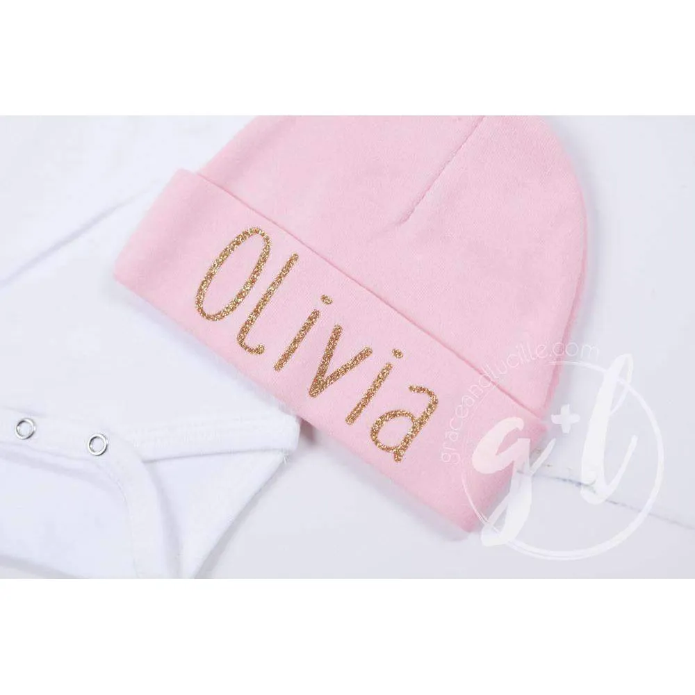 "Hello World" Pink Heart Raglan Gown & Pink Beanie with "Her Name", Welcome Home Outfit