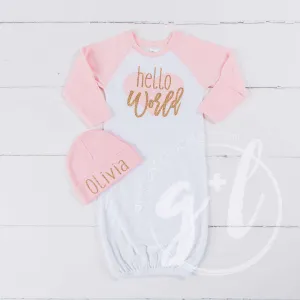 "Hello World" Pink Heart Raglan Gown & Pink Beanie with "Her Name", Welcome Home Outfit