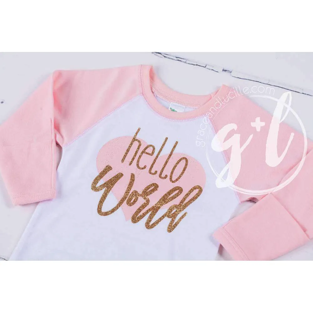 "Hello World" Pink Heart Raglan Gown & Pink Beanie with "Her Name", Welcome Home Outfit