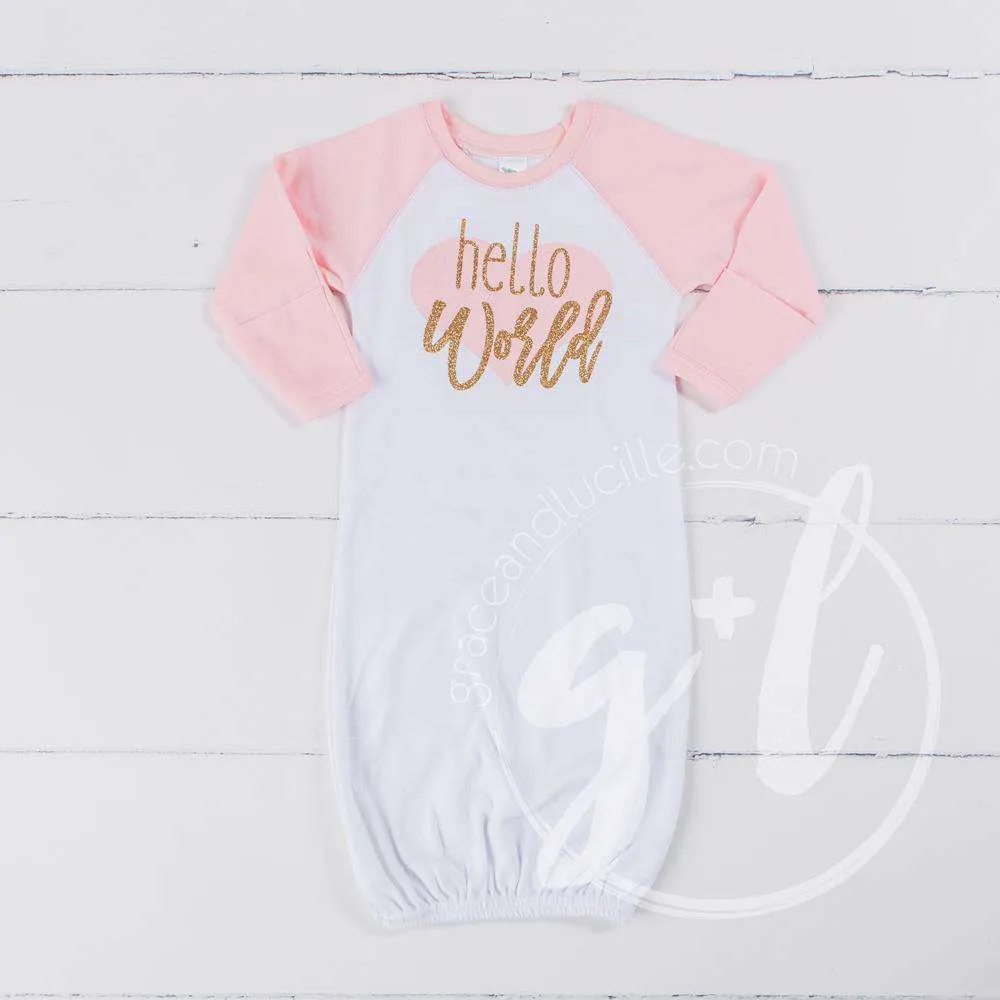 "Hello World" Pink Heart Raglan Gown & Pink Beanie with "Her Name", Welcome Home Outfit