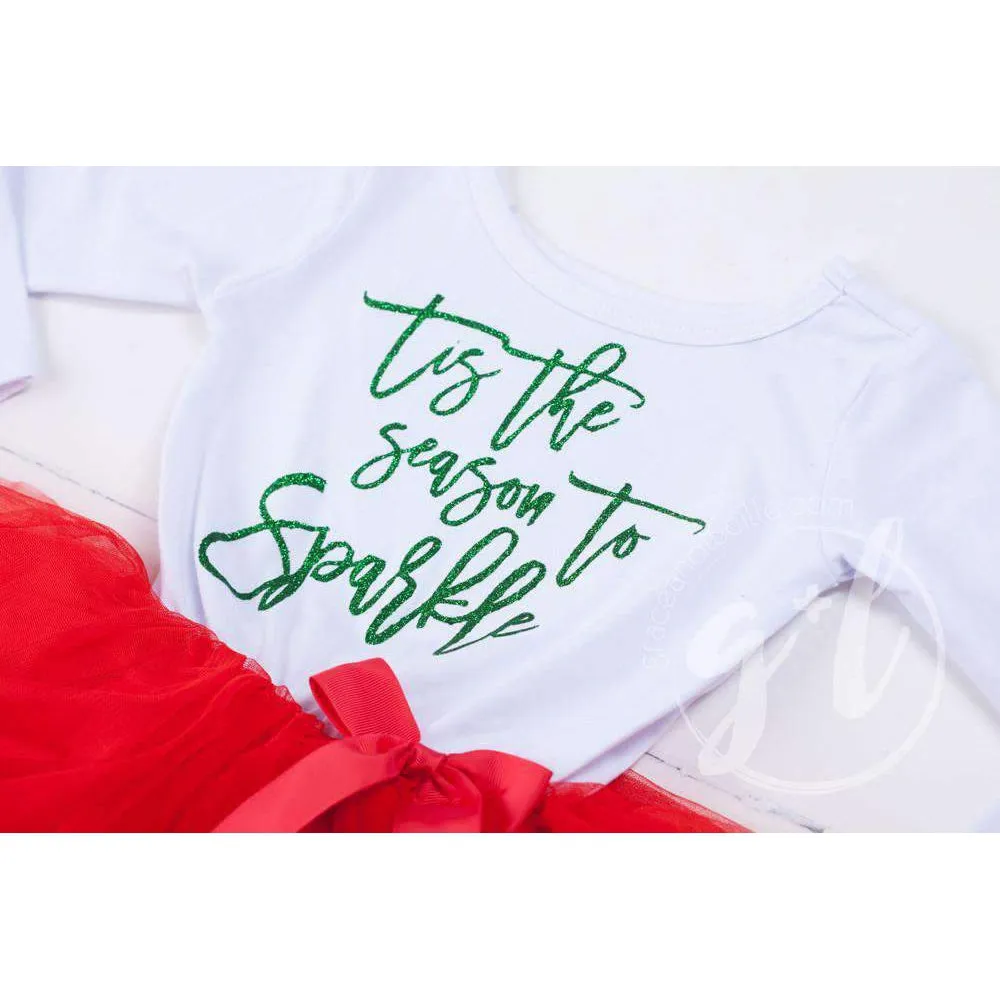 "Tis the Season to Sparkle" Christmas Dress Red Tutu, White Long Sleeves