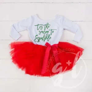 "Tis the Season to Sparkle" Christmas Dress Red Tutu, White Long Sleeves