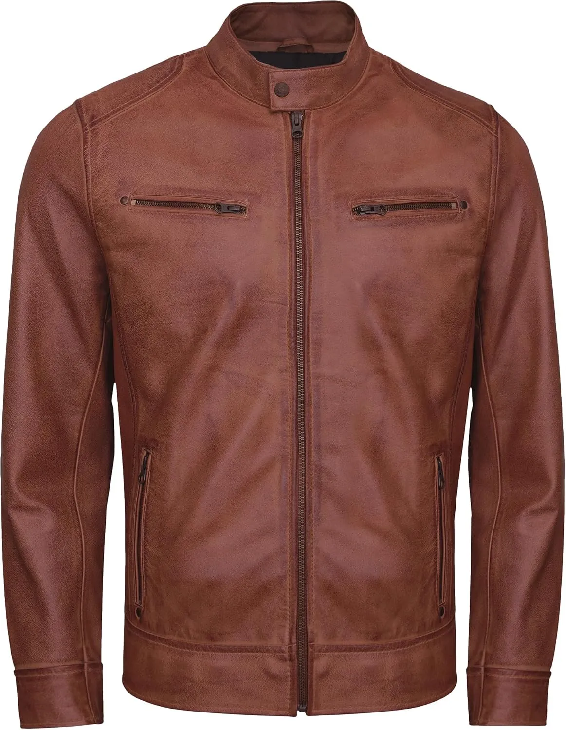 Real Lambskin Leather Jacket Men - Biker Style Stand Collar Zip Up Mens Motorcycle Jackets Outerwear