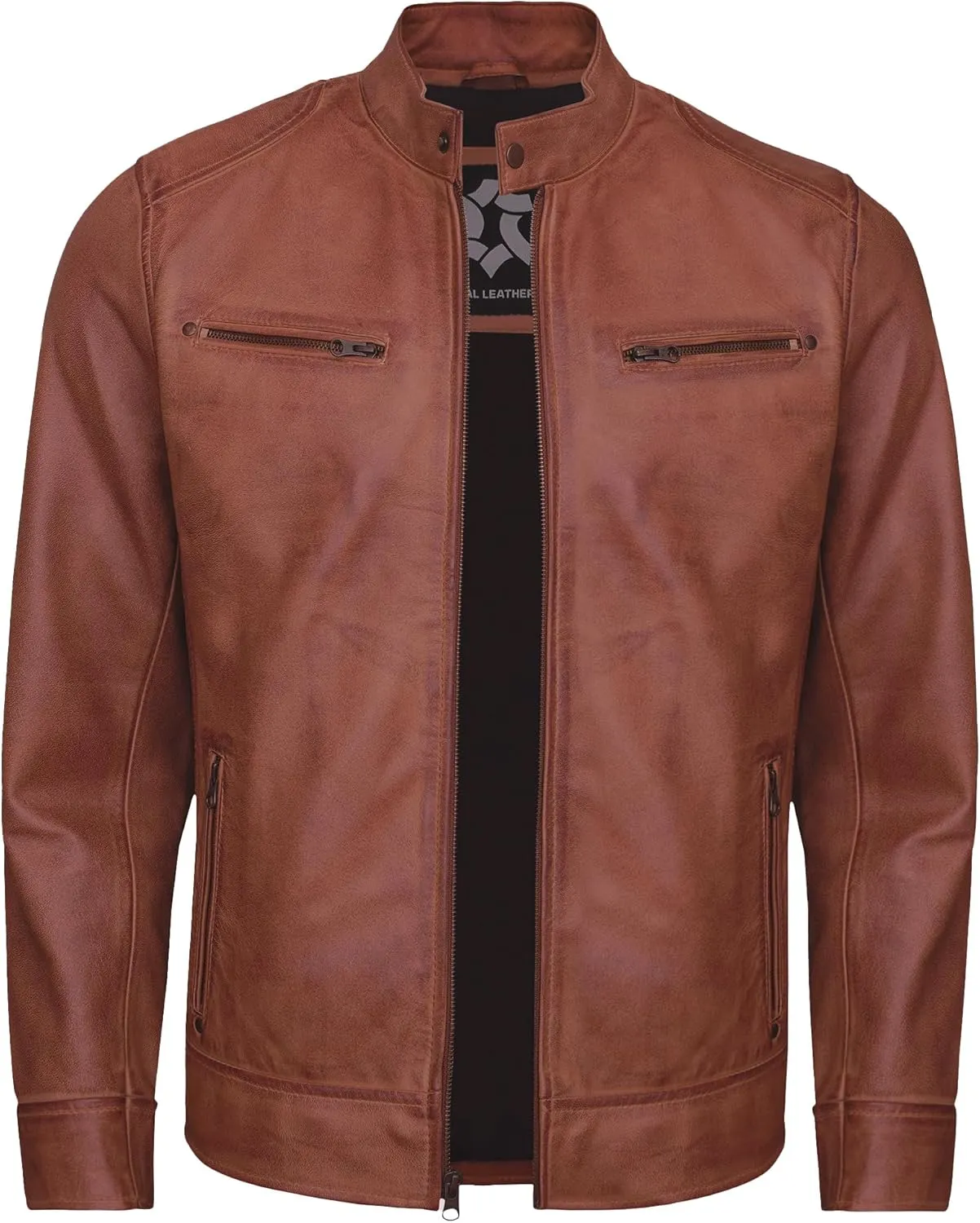 Real Lambskin Leather Jacket Men - Biker Style Stand Collar Zip Up Mens Motorcycle Jackets Outerwear