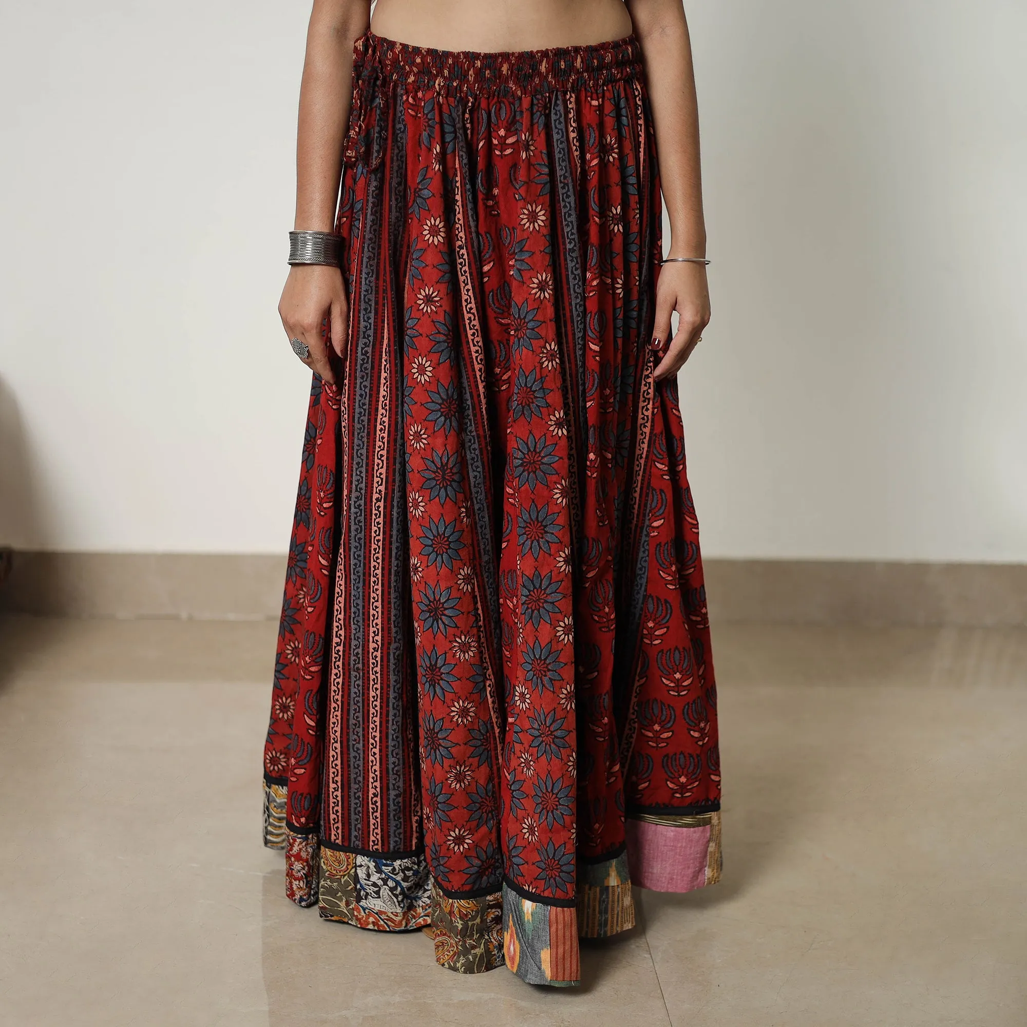 Red - Block Print Cotton 24 Kali Patchwork Ajrakh Long Skirt 01