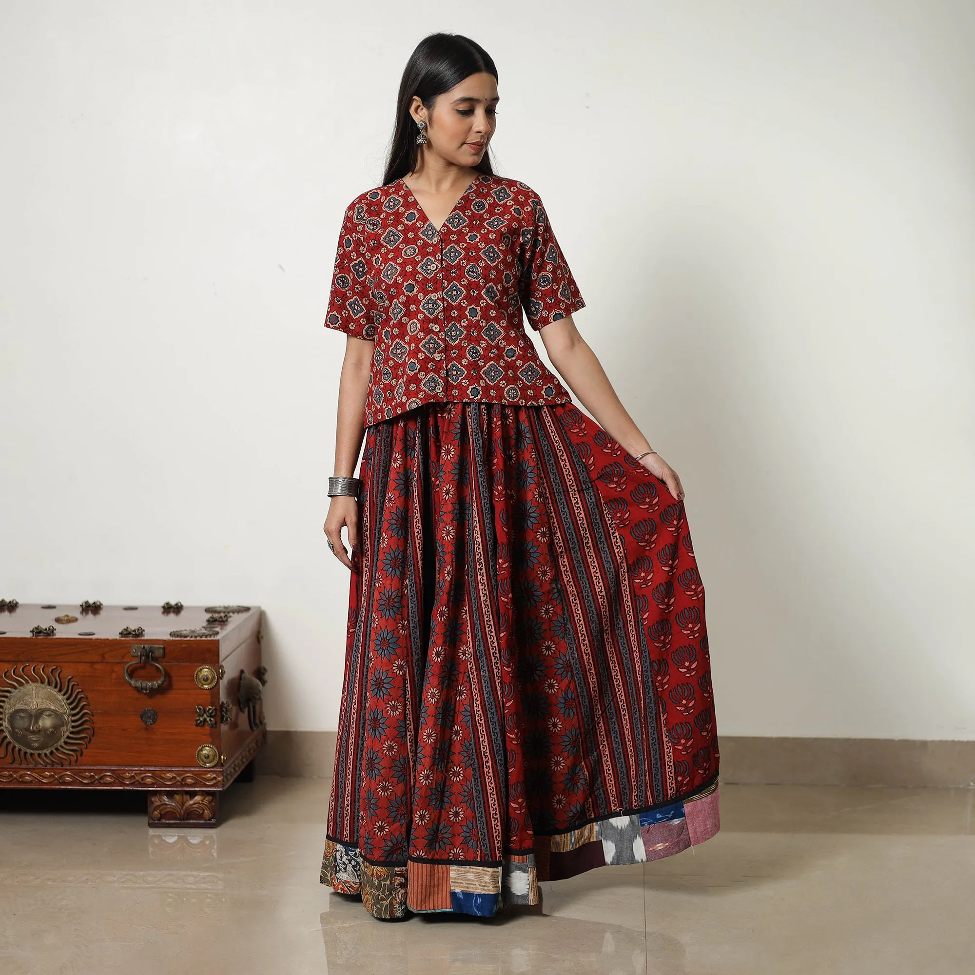 Red - Block Print Cotton 24 Kali Patchwork Ajrakh Long Skirt 01