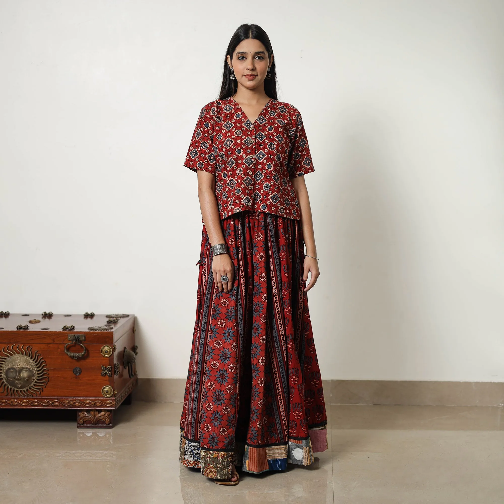 Red - Block Print Cotton 24 Kali Patchwork Ajrakh Long Skirt 01
