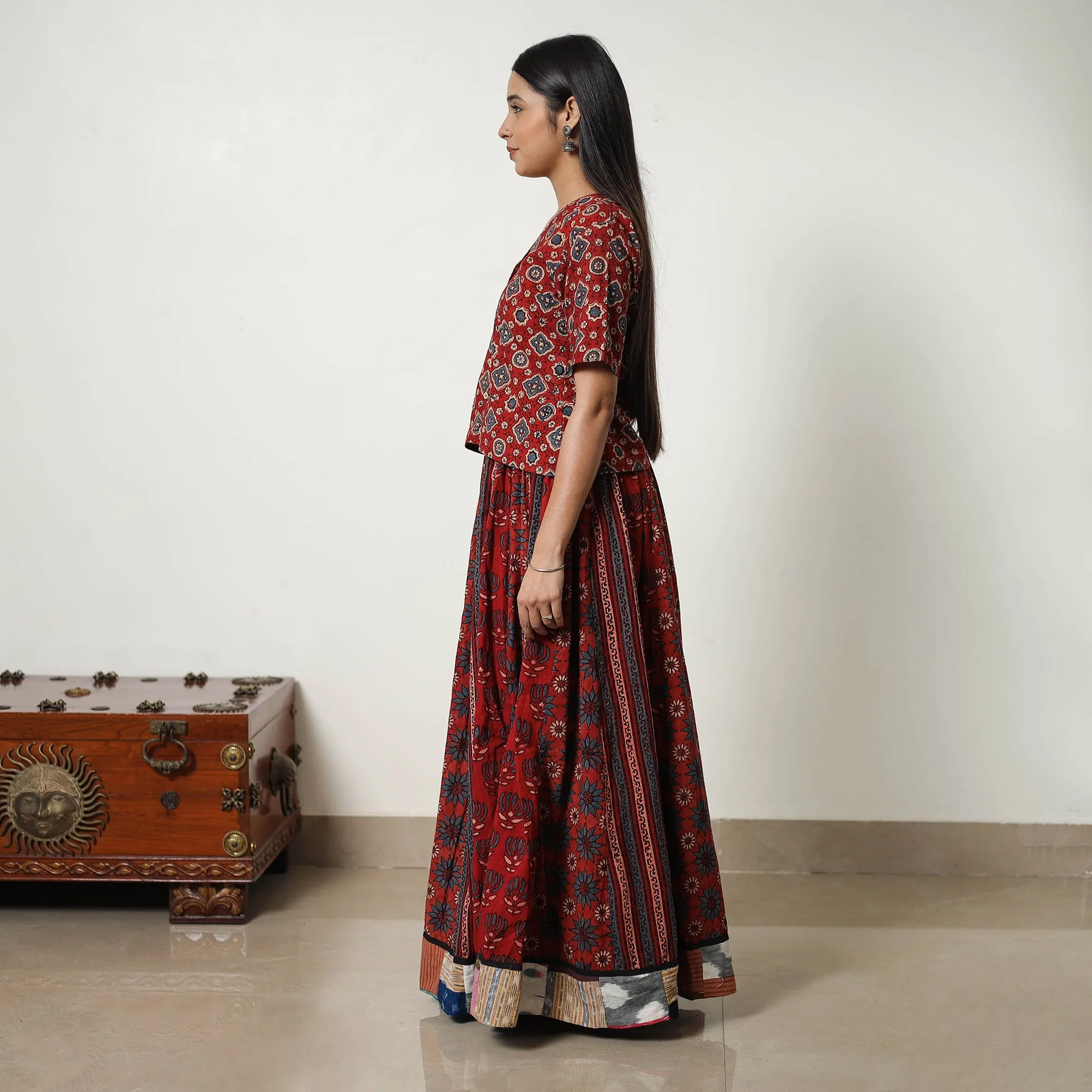 Red - Block Print Cotton 24 Kali Patchwork Ajrakh Long Skirt 01
