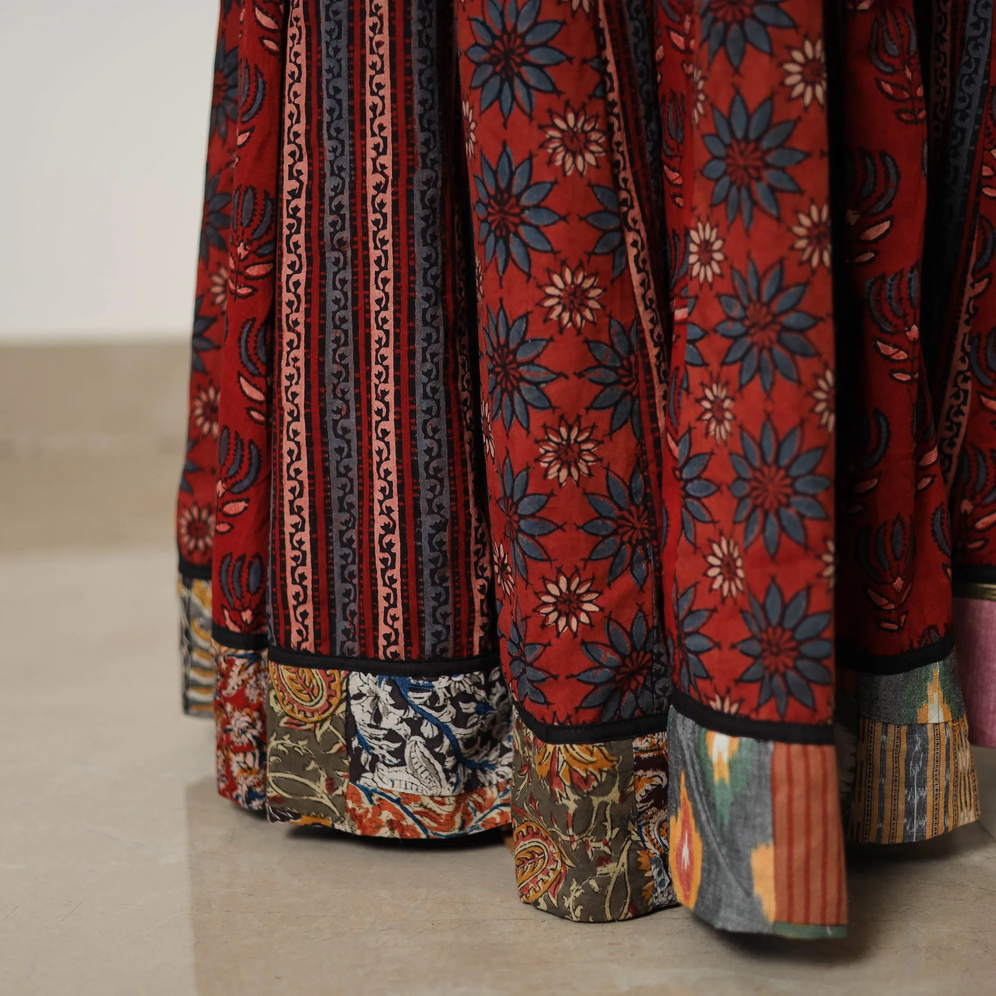 Red - Block Print Cotton 24 Kali Patchwork Ajrakh Long Skirt 01