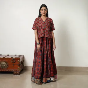 Red - Block Print Cotton 24 Kali Patchwork Ajrakh Long Skirt 01
