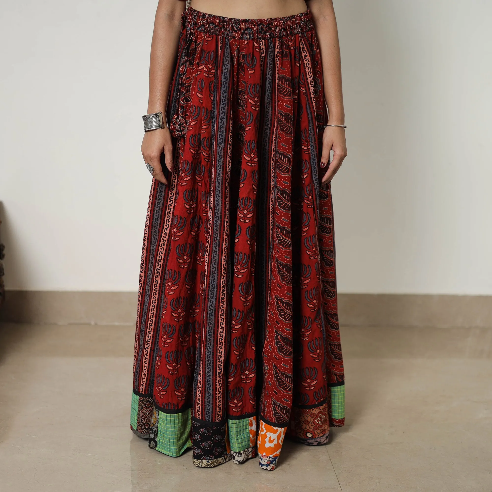 Red - Block Print Cotton 24 Kali Patchwork Ajrakh Long Skirt 11