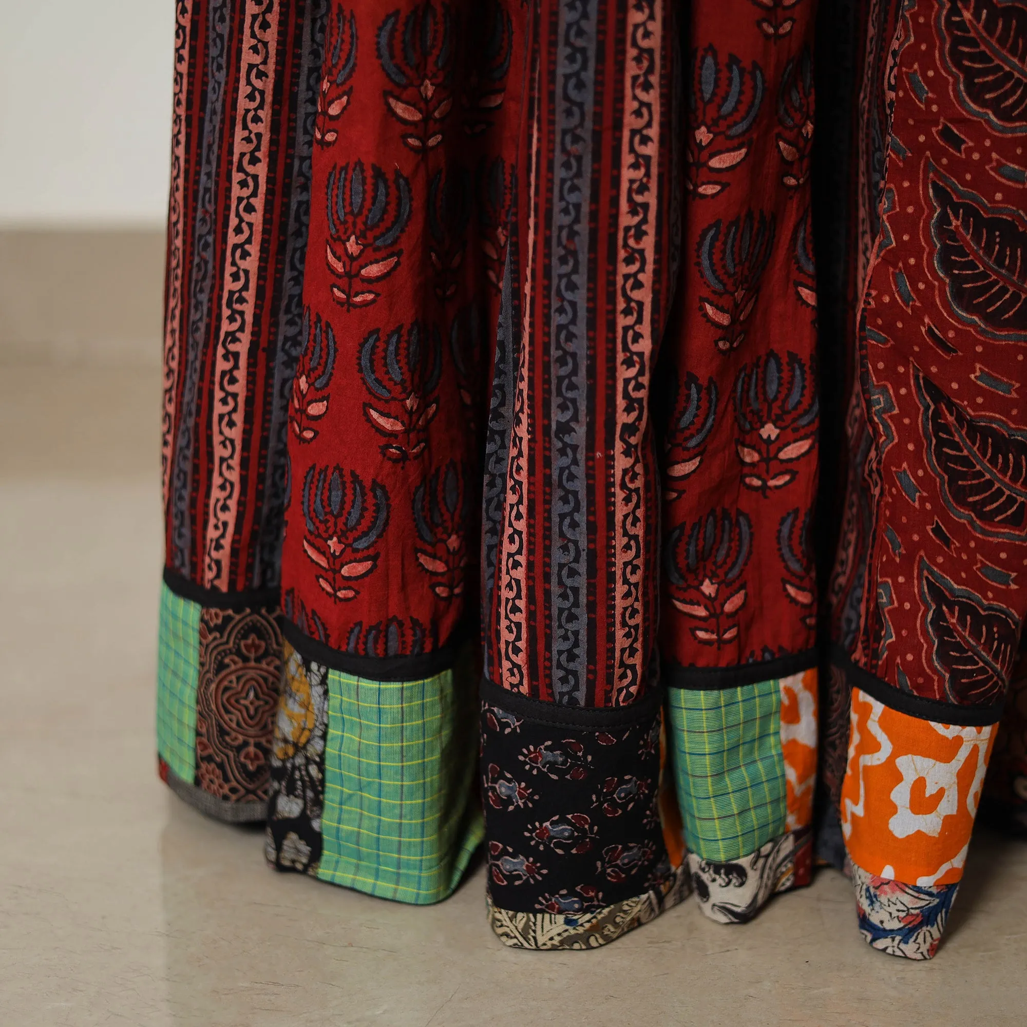 Red - Block Print Cotton 24 Kali Patchwork Ajrakh Long Skirt 11