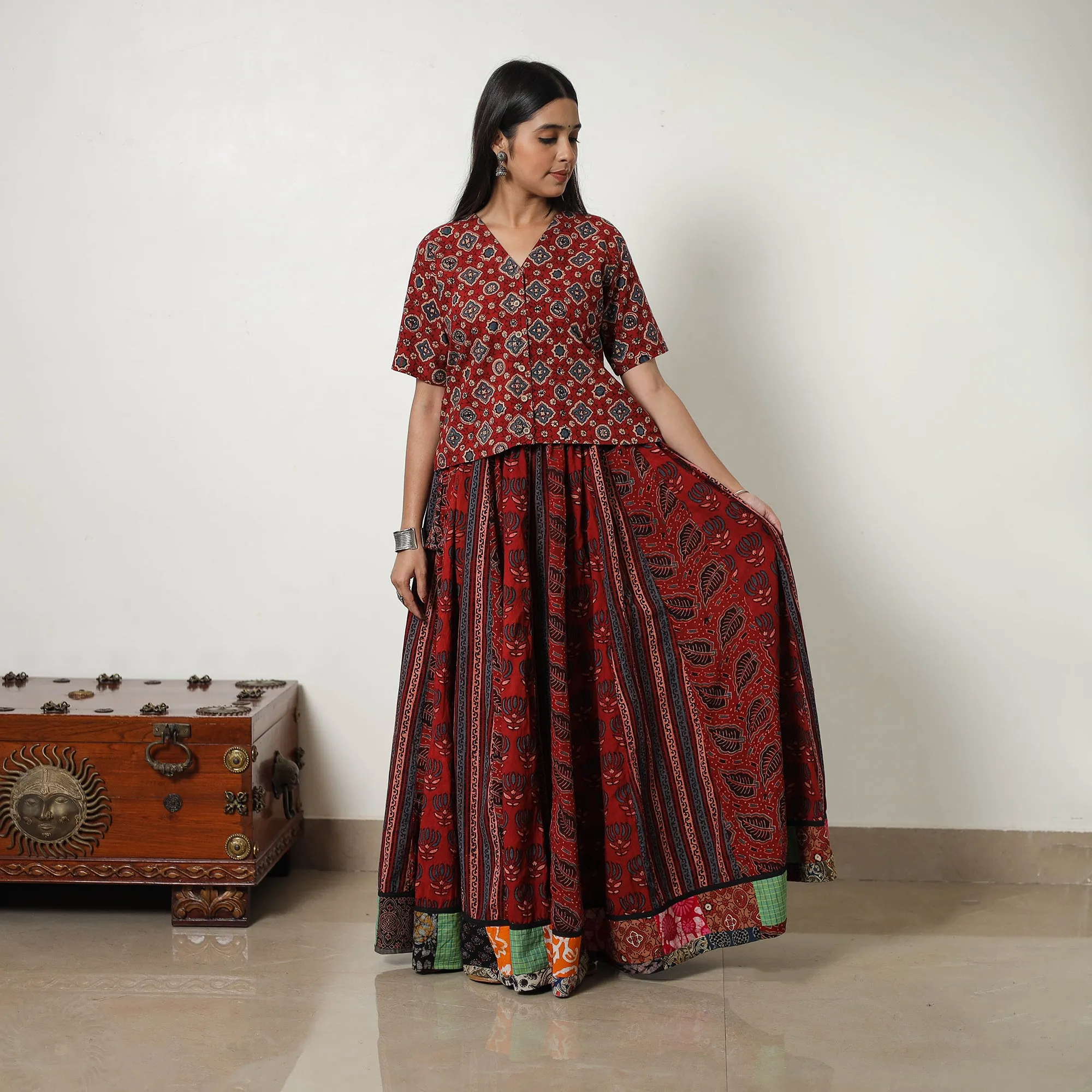 Red - Block Print Cotton 24 Kali Patchwork Ajrakh Long Skirt 11