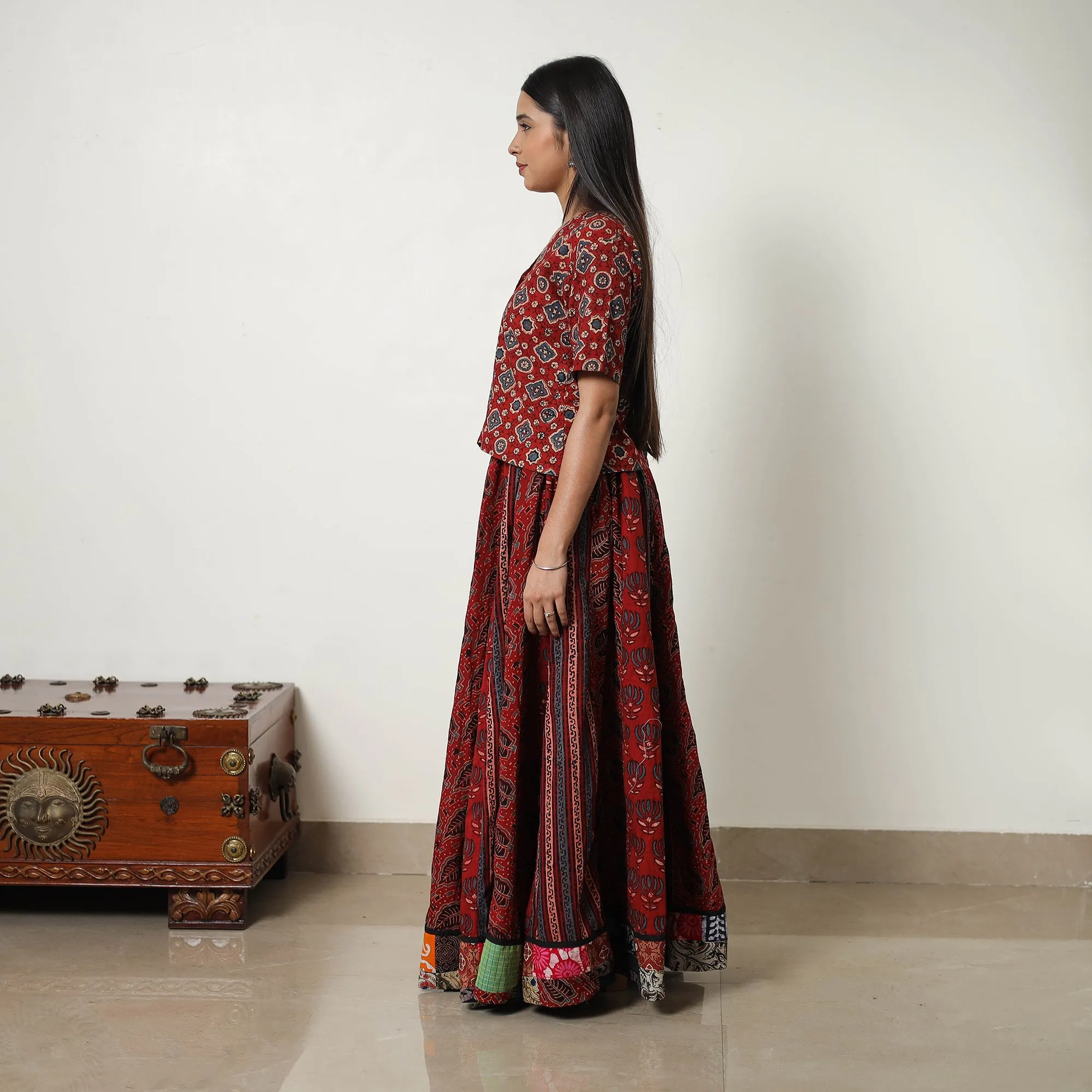 Red - Block Print Cotton 24 Kali Patchwork Ajrakh Long Skirt 11