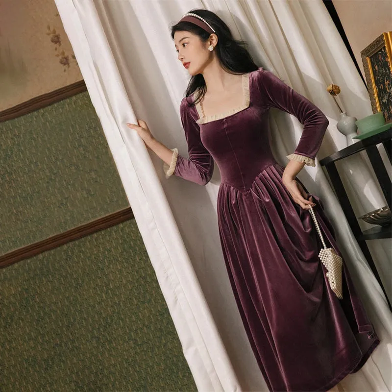Rich and Classy Square Collar Ruffle Detail Women's Velvet Dress