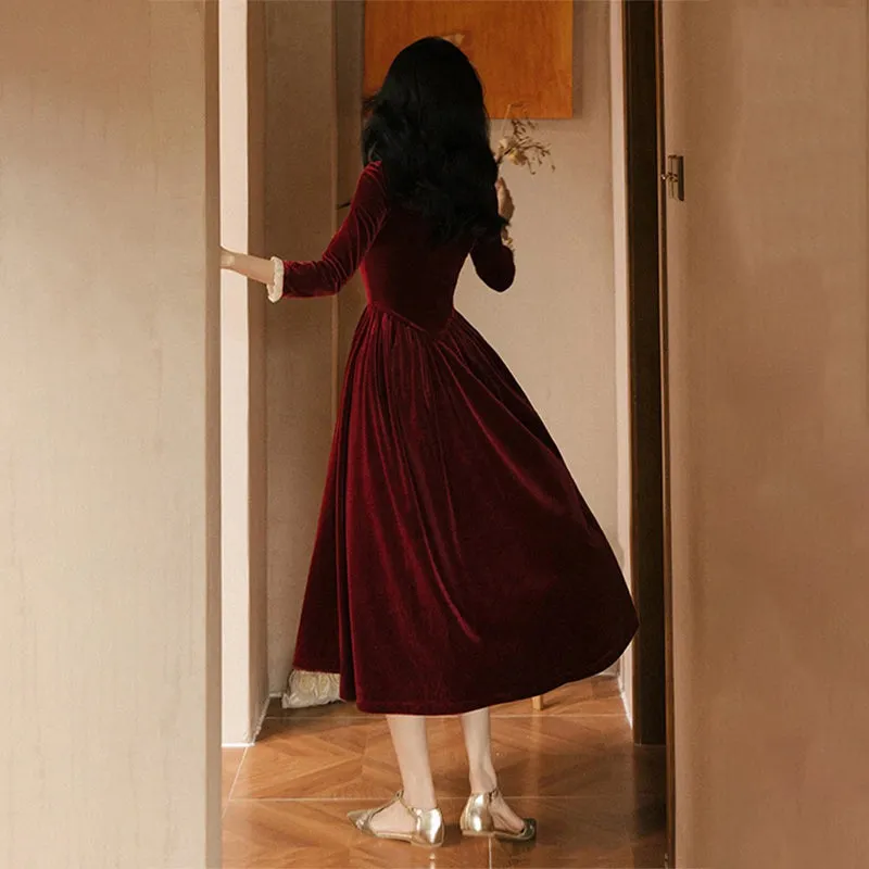Rich and Classy Square Collar Ruffle Detail Women's Velvet Dress
