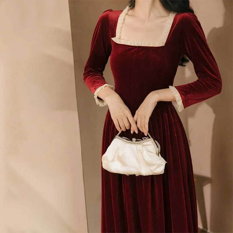 Rich and Classy Square Collar Ruffle Detail Women's Velvet Dress