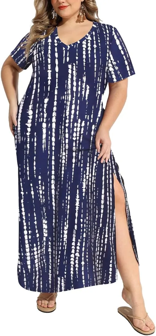 RITERA Plus Size Dresses for Women V Neck Casual Loose Pocket Short Sleeve Slits Maxi T Shirt Dress Summer Sundress XL-5XL
