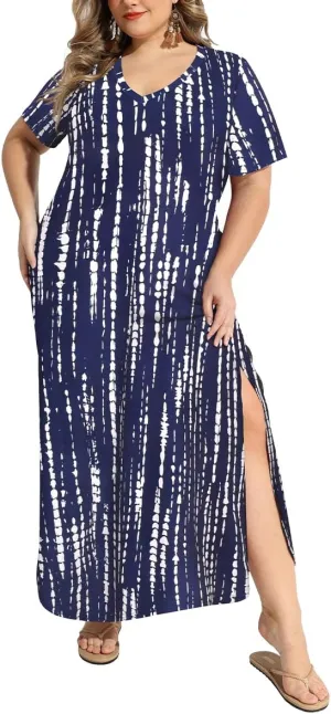 RITERA Plus Size Dresses for Women V Neck Casual Loose Pocket Short Sleeve Slits Maxi T Shirt Dress Summer Sundress XL-5XL