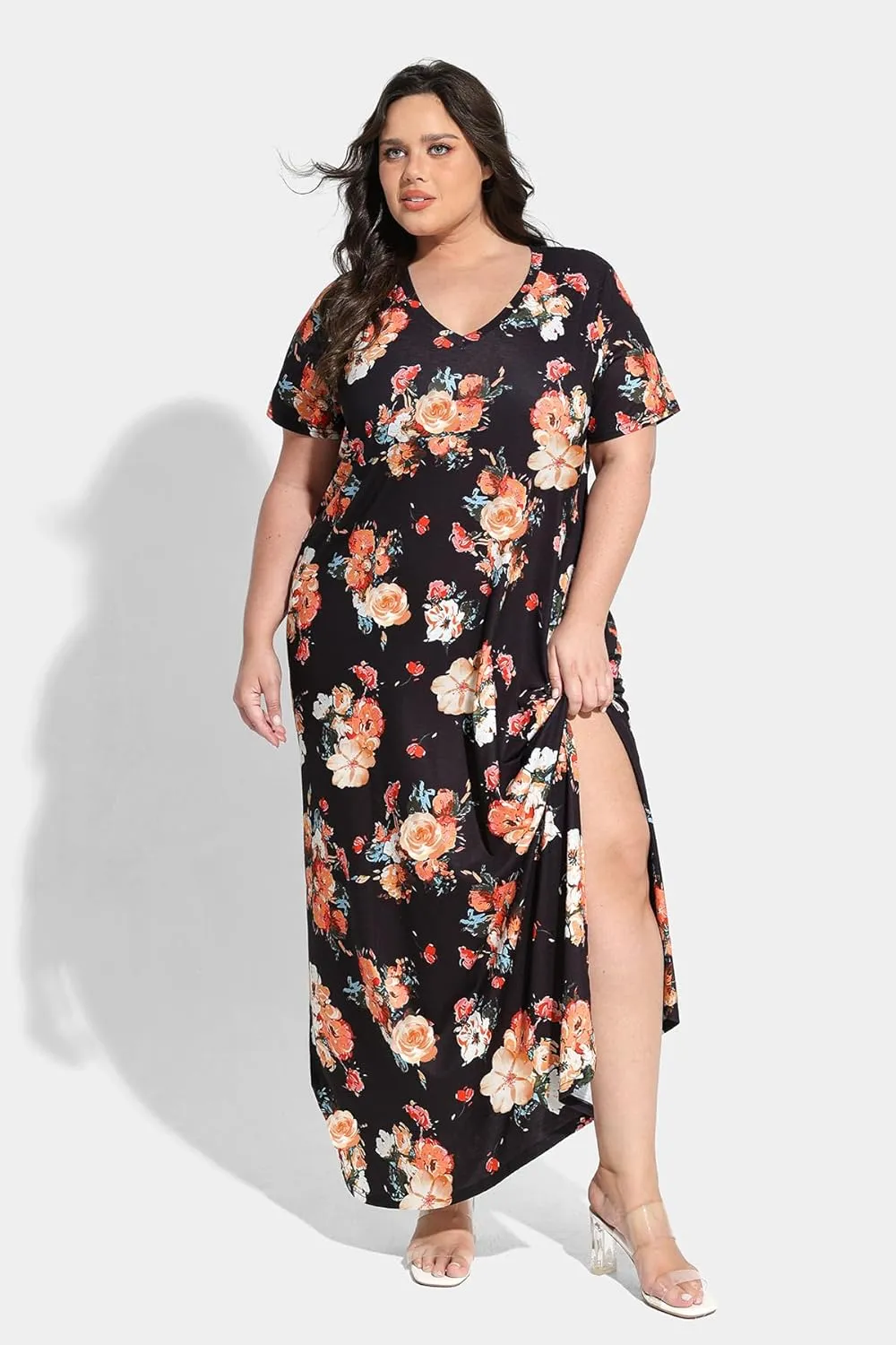 RITERA Plus Size Dresses for Women V Neck Casual Loose Pocket Short Sleeve Slits Maxi T Shirt Dress Summer Sundress XL-5XL