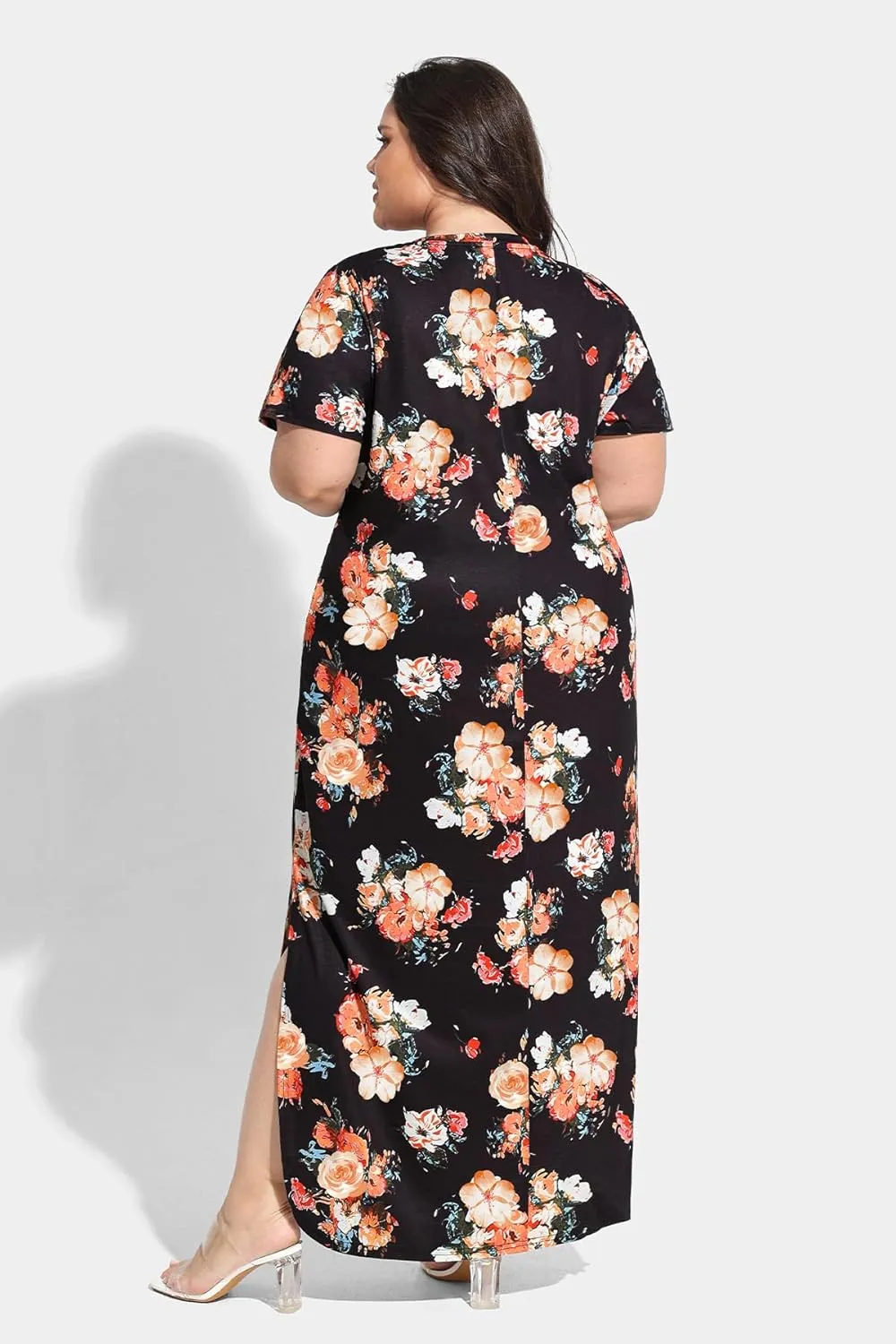 RITERA Plus Size Dresses for Women V Neck Casual Loose Pocket Short Sleeve Slits Maxi T Shirt Dress Summer Sundress XL-5XL