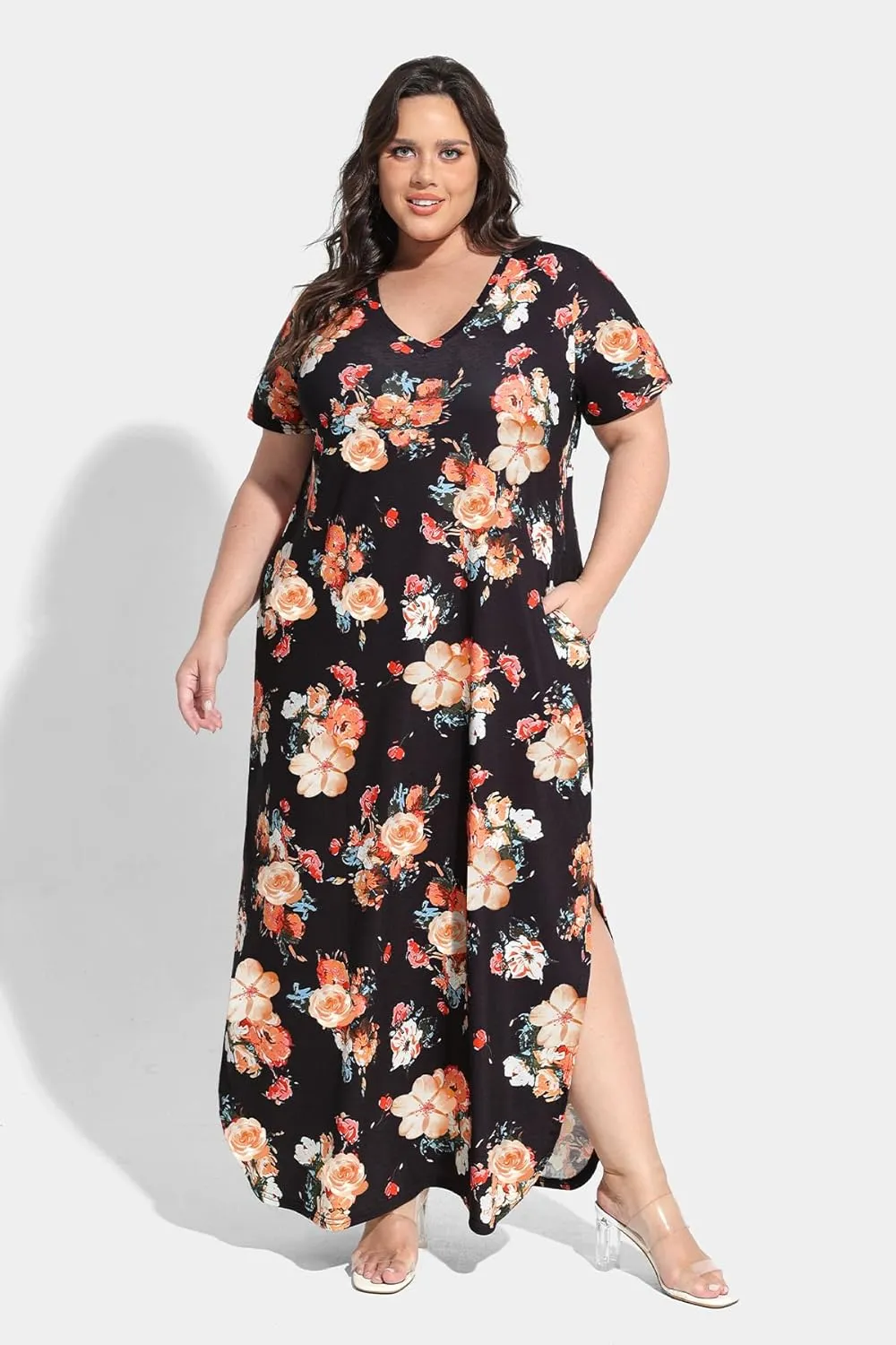 RITERA Plus Size Dresses for Women V Neck Casual Loose Pocket Short Sleeve Slits Maxi T Shirt Dress Summer Sundress XL-5XL