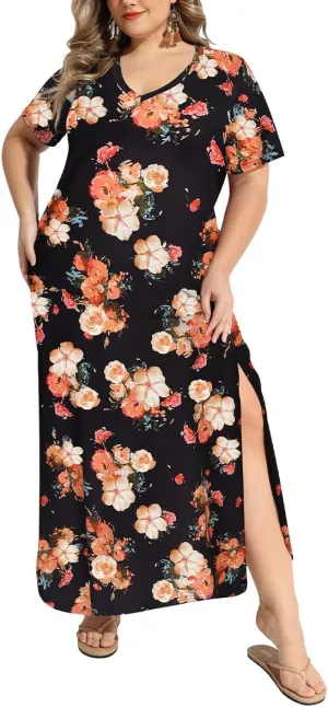 RITERA Plus Size Dresses for Women V Neck Casual Loose Pocket Short Sleeve Slits Maxi T Shirt Dress Summer Sundress XL-5XL